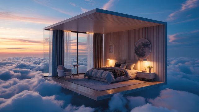 A surreal bedroom floats amidst a sea of clouds at sunset, offering a tranquil escape with its modern design and dreamy atmosphere