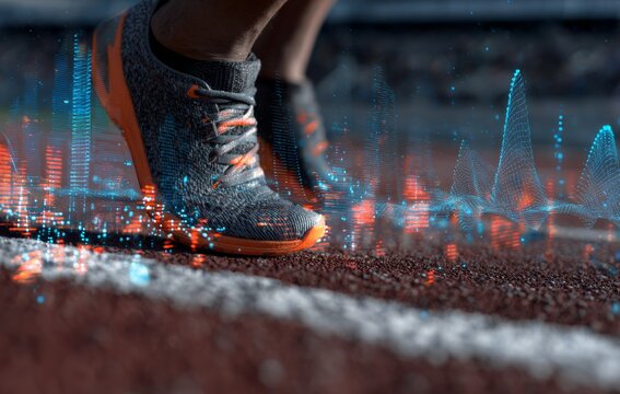 A close-up of an athlete's running shoes on the starting line, with digital waves.