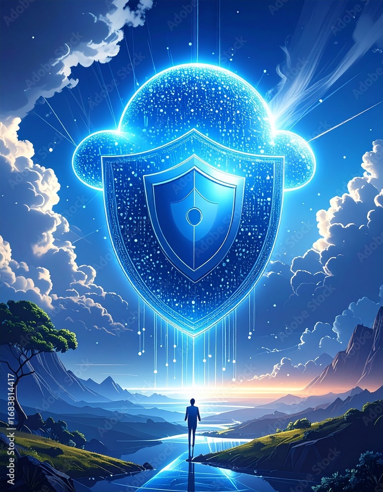 Poster concept of cloud computing security with a glowing shield above landsc