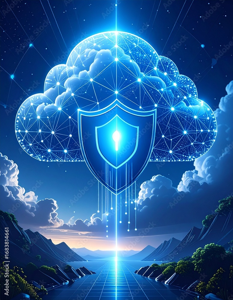 Poster concept of cloud security with bright shield protecting data flow