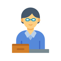 Flat design office worker with desk and document box