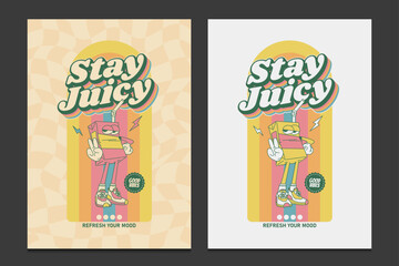 juice box cartoon poster in retro 70s style, vector illustration