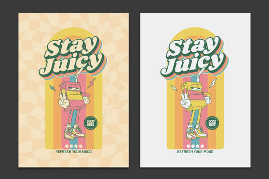 juice box cartoon poster in retro 70s style, vector illustration