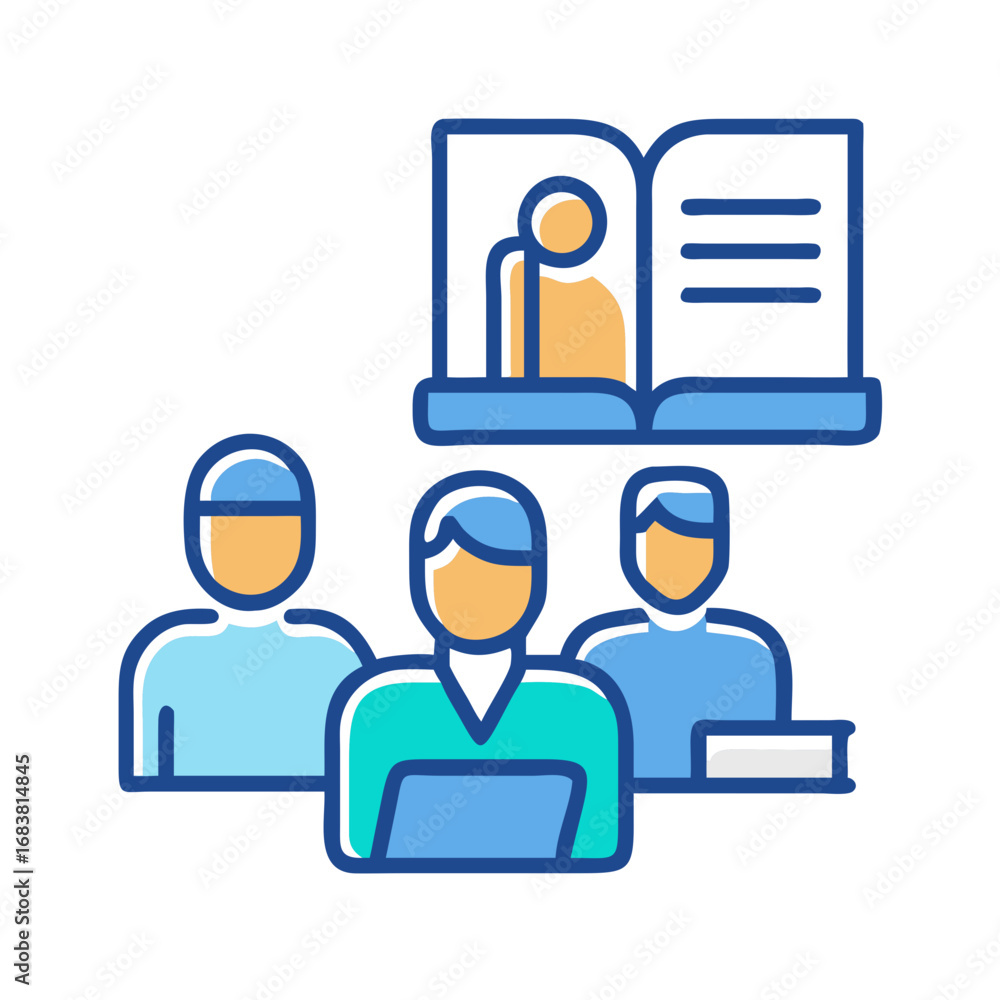 Poster students in a learning environment with an open book