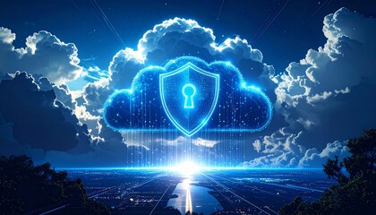 Digital cloud security concept with bright shield and particles