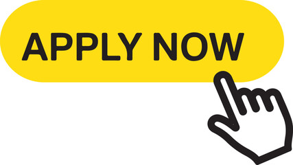 Yellow Apply Now button.A yellow apply now button with a hand cursor.Apply Now Banner Sign.Apply now job submit button icon.