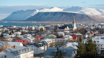 Aerial view of reykjavik, iceland, showcasing the cityscape with snowcovered rooftops and mountains in the background during a bright winter day