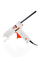 Electric hot glue gun with glue sticks . Hot glue gun isolated on white background.