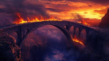 Fiery Stone Bridge Ablaze at Sunset