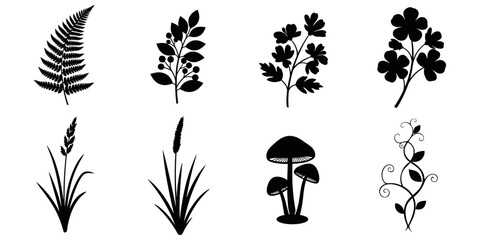 A diverse vector set of black plant silhouettes, this isolated collection includes fern, mushroom, clover, and grass icons for nature design.
