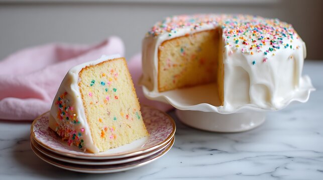 Delicious funfetti cake with a slice cut out and sprinkles