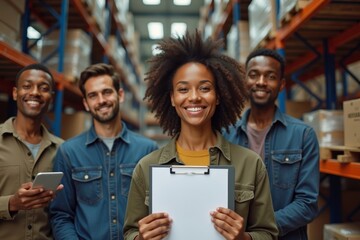 Portrait of a Happy African-American Group in a Warehouse with Logistics and Distribution Checklist