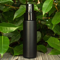 Matte black spray bottle amongst green foliage