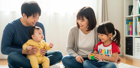 Young Asian family sitting on the floor