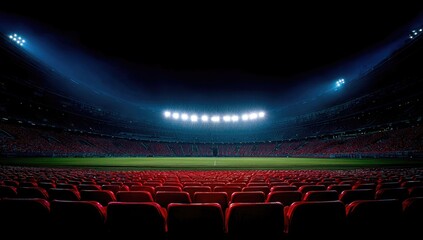 Empty stadium bathed in dramatic night lighting, showcasing the grandeur of a sporting arena.