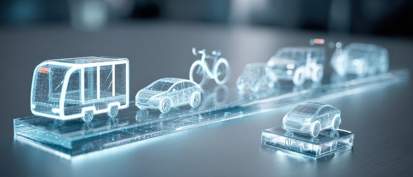 Innovative Transport: Transparent vehicles of various types, cars, bicycle, and tram, illuminate the future of urban mobility and sustainable travel.