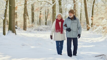 Happy senior couple walking arm in arm through a snowy winter forest, enjoying love, togetherness, and nature during a romantic winter walk in the woods
