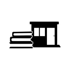 Stack of books next to a simplified building structure icon image