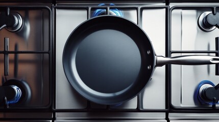 Top view of frying pan on stove with circular shape and stovetop details