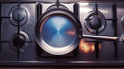Top view of frying pan on gas stove with circular shape and stovetop details