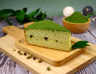 Matcha cake slice on wooden board