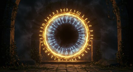 Fototapeta premium Glowing circular portal in dark structure