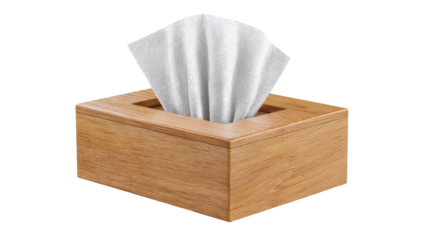 A light-tan wooden tissue box, rectangular, with a slightly-upturned white tissue section
