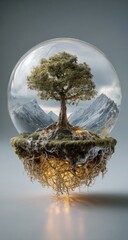 Fototapeta premium Floating, crystalline sphere holding a miniature, verdant landscape