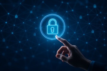 Cyber security technology with glowing digital lock hologram icon network protection privacy safe access encryption secure data futuristic interface innovation system hand touching concept