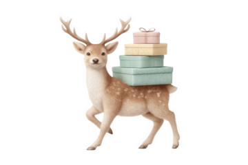 Cute fawn carrying a stack of wrapped gifts isolated on transparent background