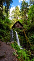 Lush forest waterfall with cabin