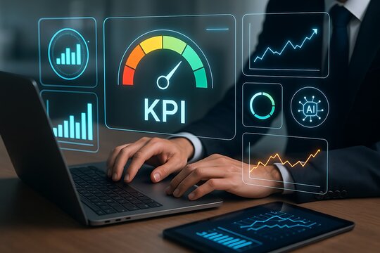Business analytics dashboard with kpi graphics hologram digital charts futuristic indicators innovation measurement data visualization productivity growth artificial intelligence 