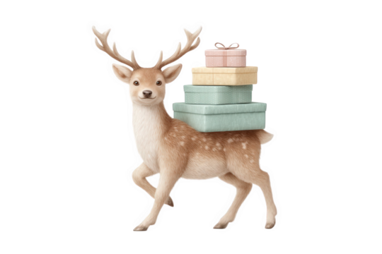 Cute fawn carrying a stack of wrapped gifts isolated on transparent background