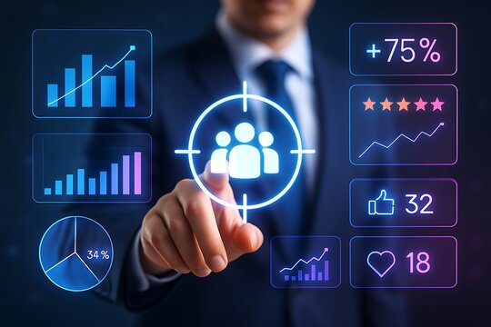 Business digital analytics with target audience hologram social media engagement data growth metrics futuristic technology user interface glowing customer strategy analysis innovation - Powered by Adobe