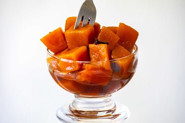 An ancient, vintage dessert known as pumpkin bricks in syrup, prepared with quicklime, cloves, and...