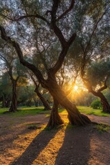 Twisted olive trees backlit by warm sun, casting long shadows on the grassy ground