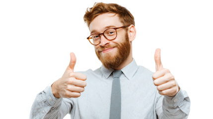A man with glasses and a beard is giving a thumbs up
