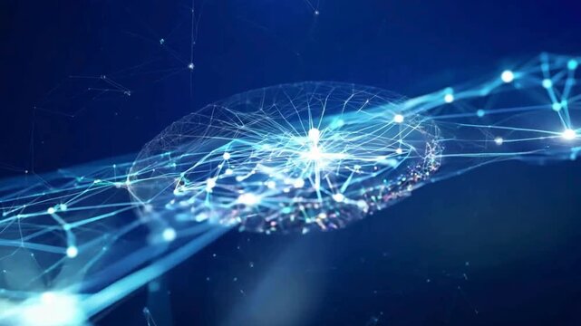 Futuristic digital network connection, glowing blue neural network background, abstract technology data flow, high-speed fiber optic communication lines