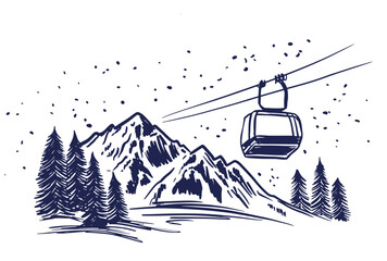Ski lift in mountain, on white, sketch, hand drawn illustrations