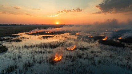 Controlled Burn in Wetland at Sunset
