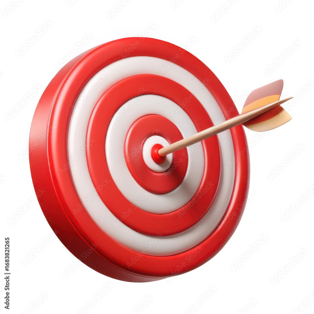 Poster 3d realistic target with arrow striking the bullseye for success concepts transparent background