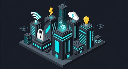 Futuristic isometric cityscape representing a smart city concept with glowing neon lights and digital technology symbols