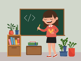 Vector illustration of a happy schoolgirl teaching coding in a classroom with blackboard, books, and plants. Perfect for education and technology themes.