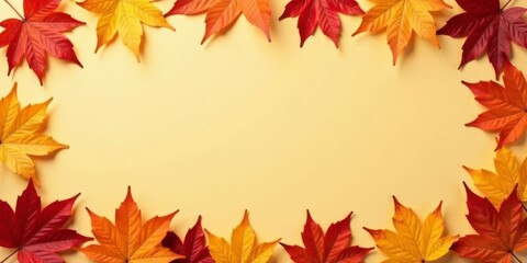Autumnal foliage forming a vibrant frame on a pale yellow background, perfect for seasonal designs and fall-themed projects