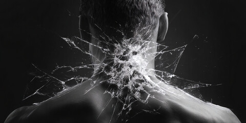 Back of man with glass-like shattered neck symbolizing stress, trauma and psychological pain - AI generated