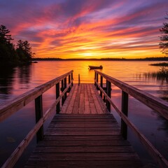 Obraz premium Vibrant Sunset over Calm Lake with Wooden Dock