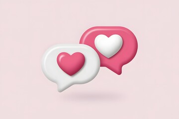 Two speech bubbles with heart icons symbolizing love and connection on pink background