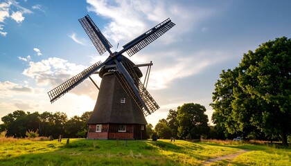 Windmill in a grassy field at sunset