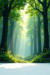 Fototapeta premium Sunbeams Illuminate a Mystical Forest Path, Enchanting Green Canopy, Serene Nature Scene