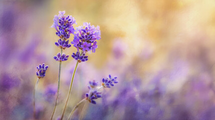 Fototapeta premium watercolor pictures Natural little a Lavender flower field in a lifestyle style expressing wonder with pastel floral shades and golden lighting harmony
